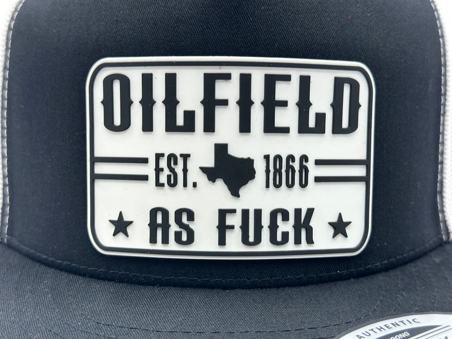The "Original Oilfield As Fuck" Texas Flat Bill Trucker - Black on White