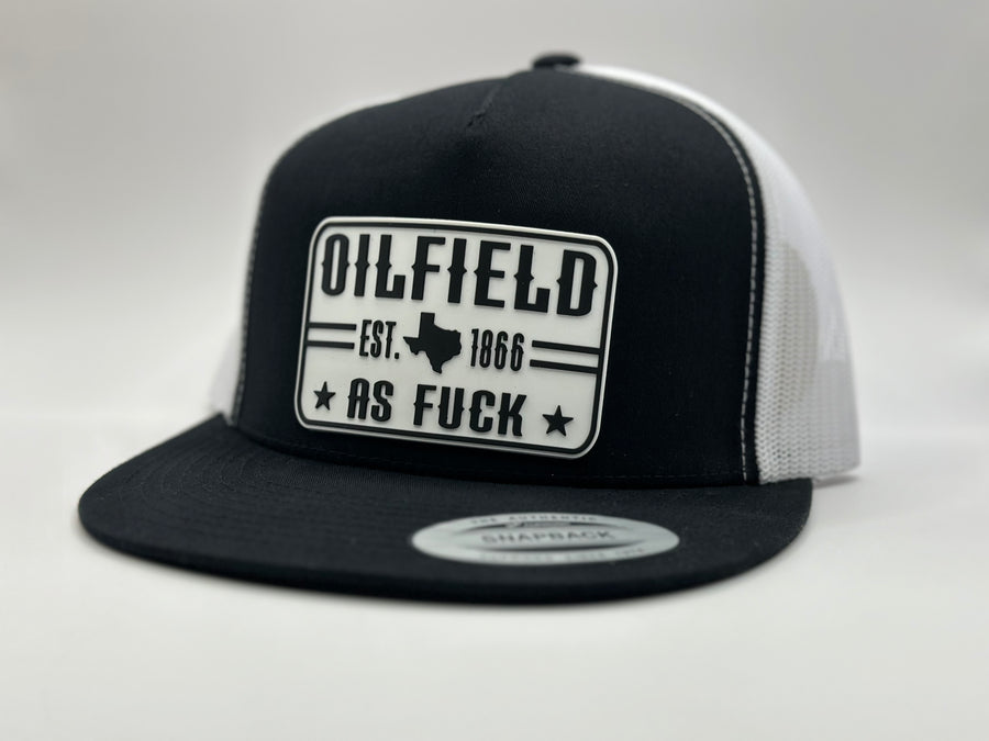 The "Original Oilfield As Fuck" Texas Flat Bill Trucker - Black on White