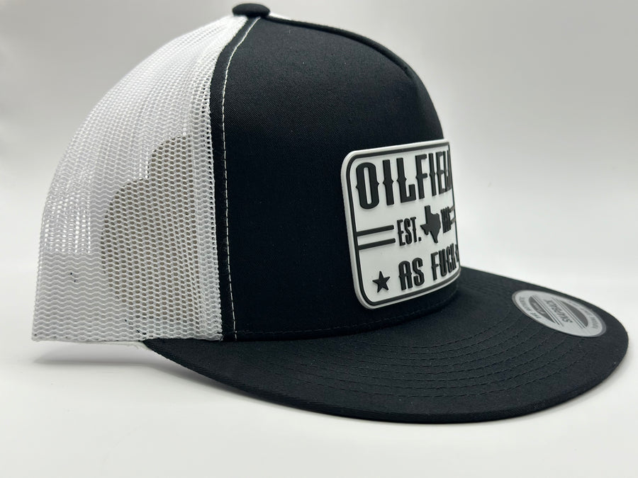 The "Original Oilfield As Fuck" Texas Flat Bill Trucker - Black on White