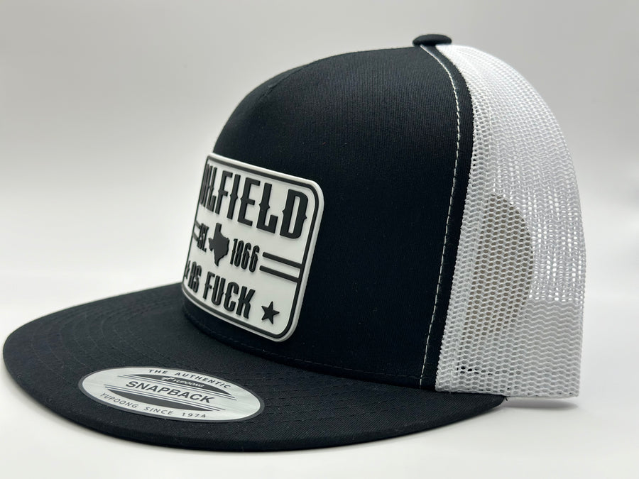 The "Original Oilfield As Fuck" Texas Flat Bill Trucker - Black on White
