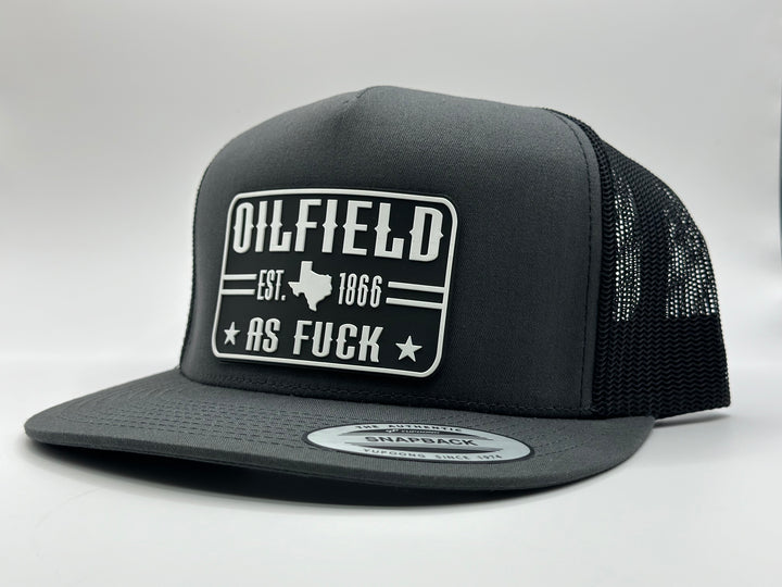 The "Original Oilfield As Fuck" Texas Flat Bill Trucker - Charcoal on Black