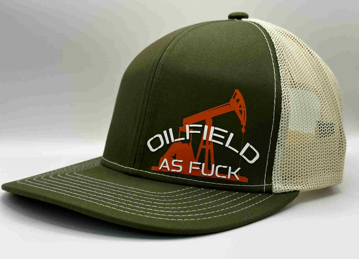 The "PumpJack" Flat Bill Trucker - Moss Green on Beige