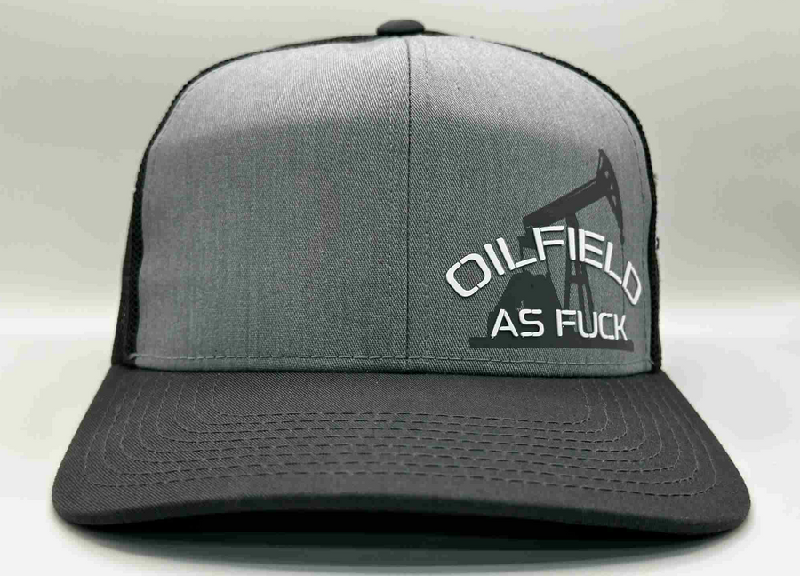 The "PumpJack" Flat Bill Trucker - Heather Grey on Charcoal
