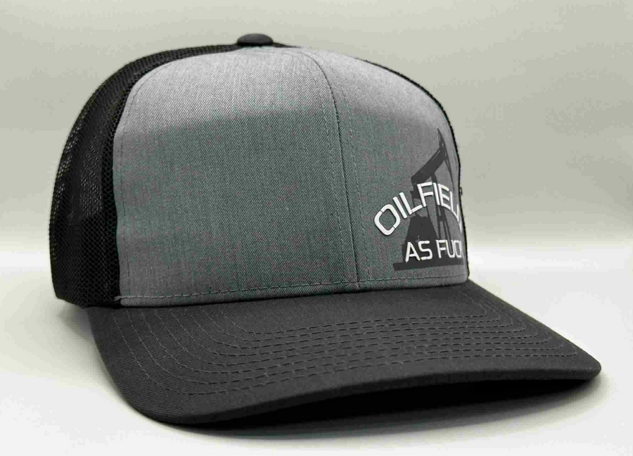 The "PumpJack" Flat Bill Trucker - Heather Grey on Charcoal