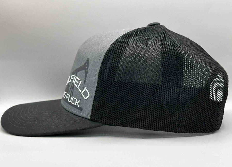 The "PumpJack" Flat Bill Trucker - Heather Grey on Charcoal
